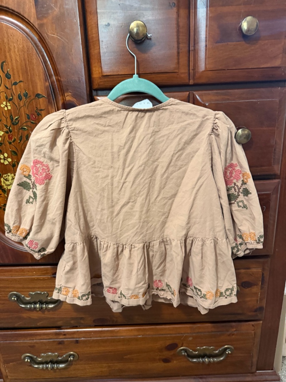 Mable Beige Embroidered Tie-Front Peplum Blouse - Picture 2 of 4